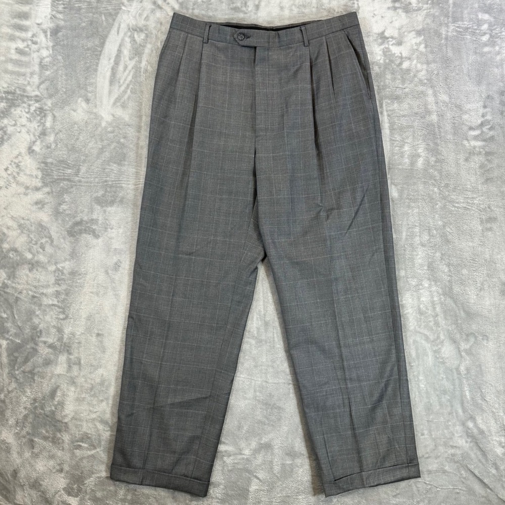 Hart Schaffner Marx Pleated Dress Pants Men's Size 36x34 Gray Glen Plaid